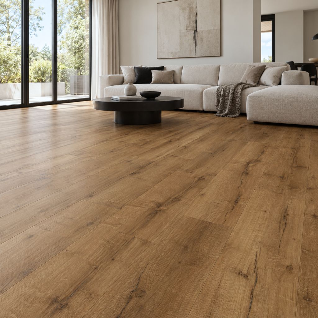 Vinylboden Eiche Trento mit Trittschalldämmung im Wohnzimmer mit hellem Ecksofa und Teppich von Floor4al