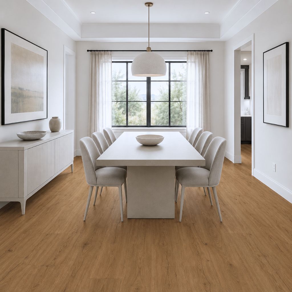 Klick Vinyl Eiche Vien Landhausdiele in warmer Eichenoptik im hellen Esszimmer mit Esstisch von Floor4all