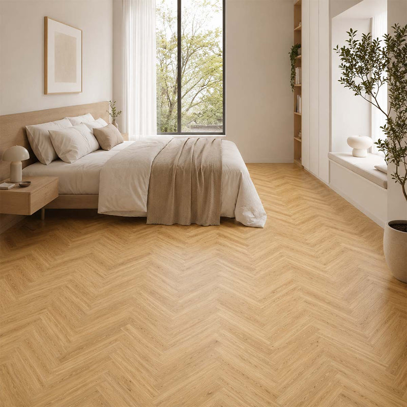 Klick Vinyl Fischgrät Fresh Oak Authentic im Schlafzimmer mit warmem Fischgrätboden