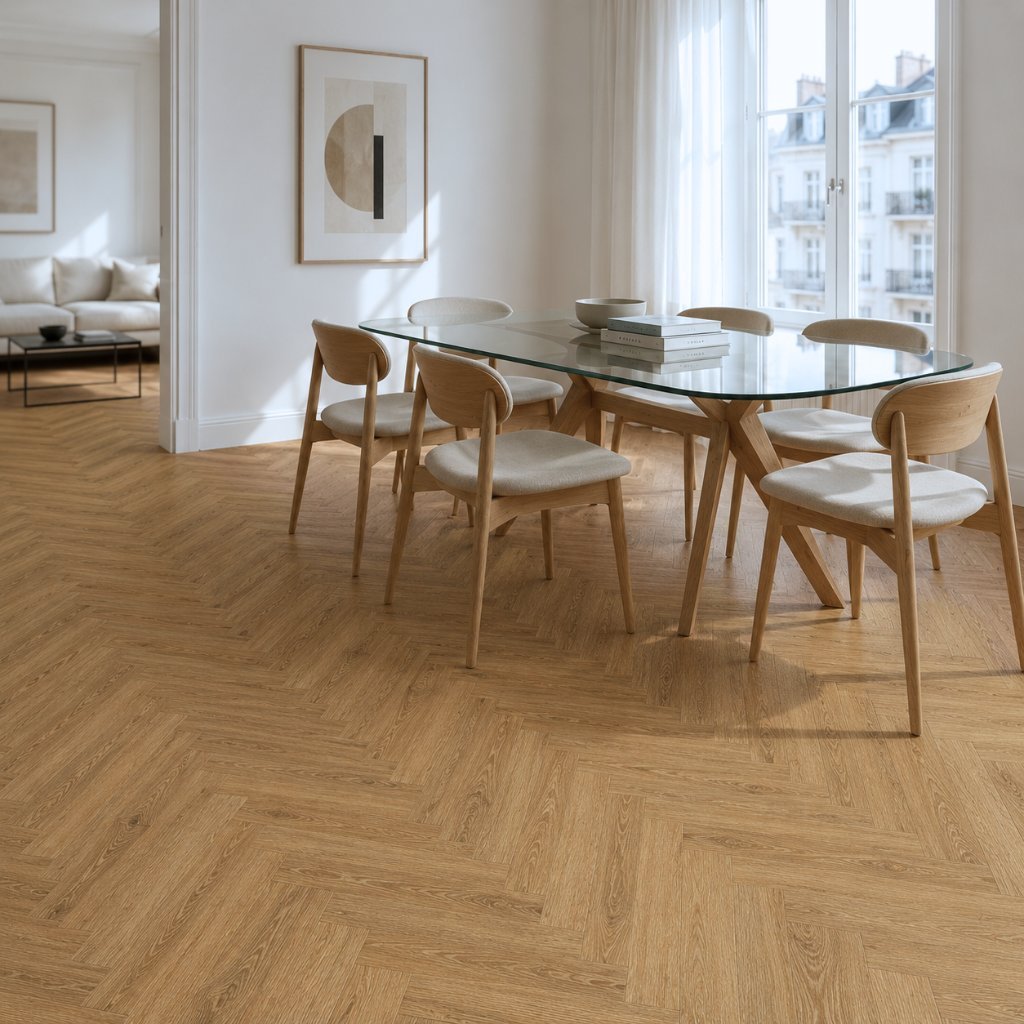 Klick Vinyl Fischgrät Fresh Oak im hellen Esszimmer mit Glastisch und Holzstühlen von Floor4all