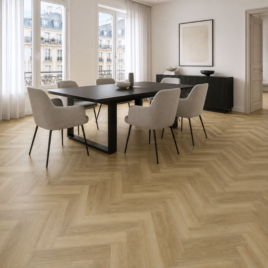 Elegantes Esszimmer mit Fischgrät-Boden – schwarzer Tisch, helle Stühle, große Fenster schaffen klassisch-modernes Ambiente