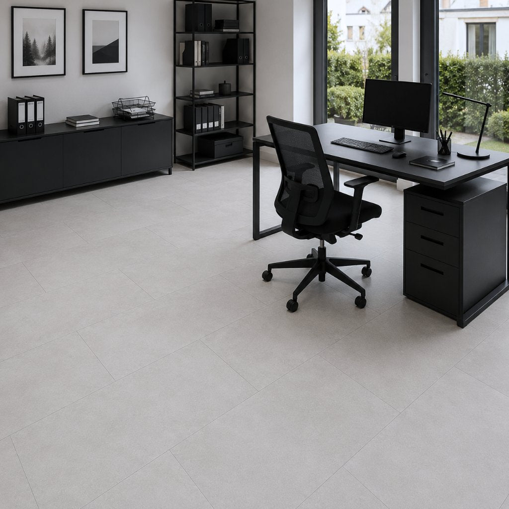 Moderner Home Office mit Klick-Vinylboden Beton Hell, urbanes Design für professionelle Räume, stabil und zeitlos elegant