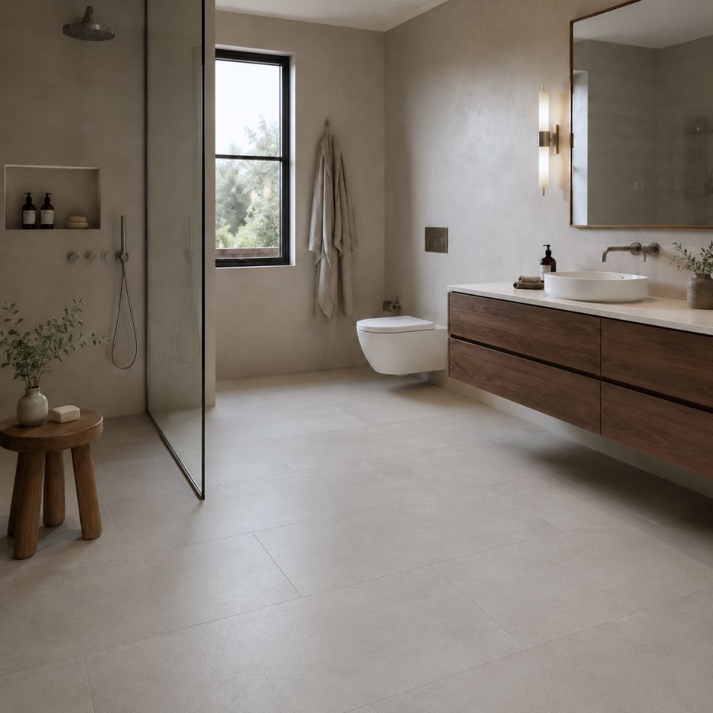 Modernes Badezimmer mit Klick Vinyl Fliesenoptik Grana in warmer heller Steinoptik von Floor4all