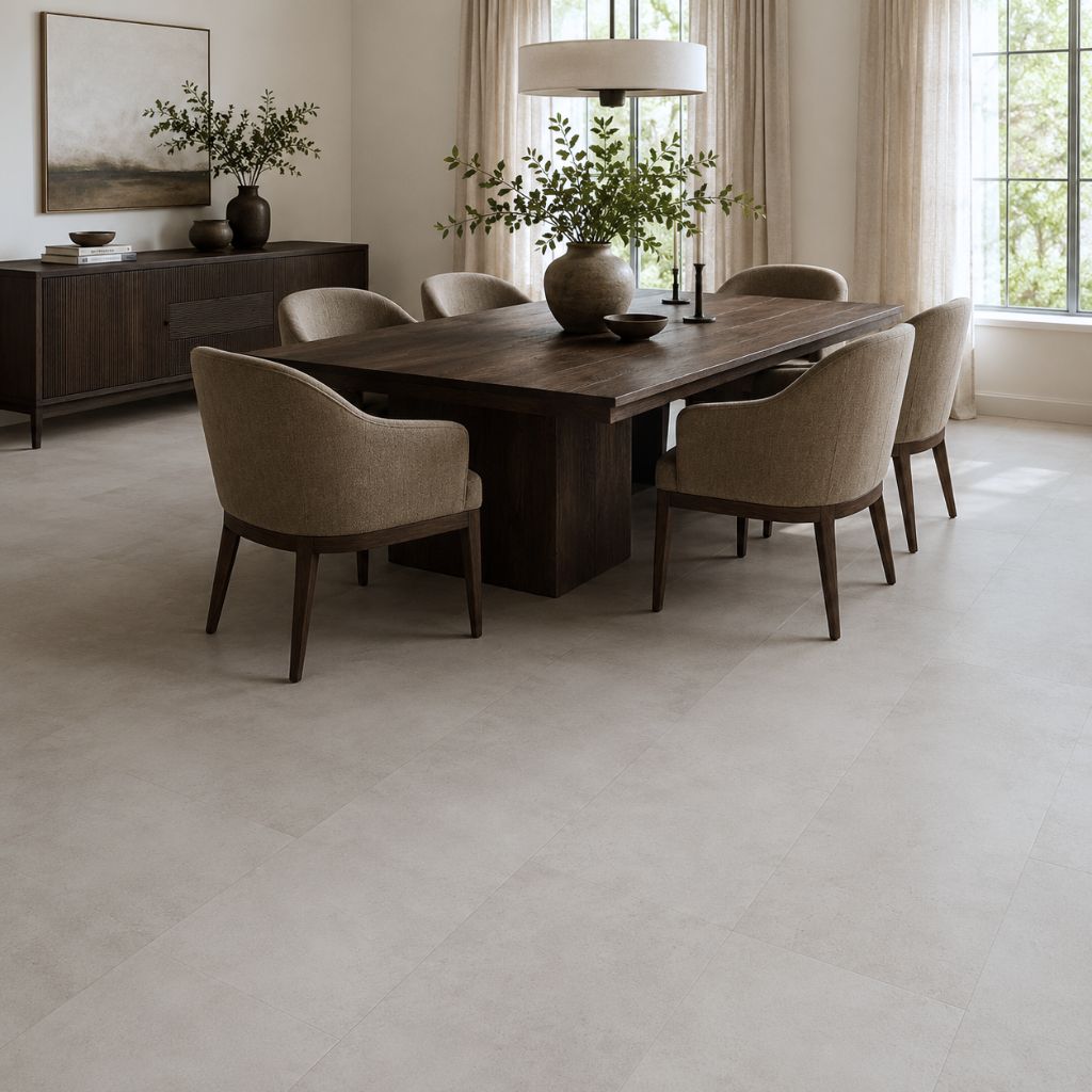 Esszimmer mit Klick Vinyl Fliesenoptik Grana im eleganten Dielenformat von Floor4all