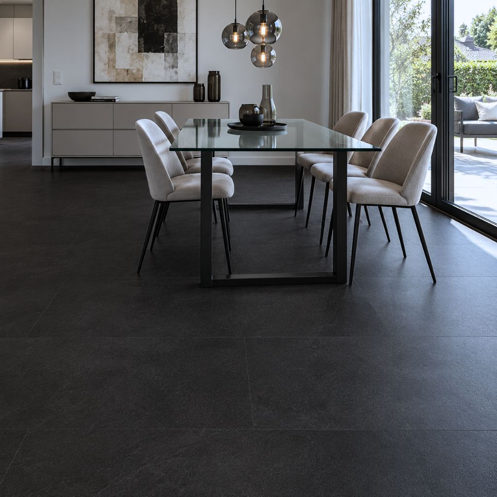 Klick Vinyl Fliesenoptik Solcora Charcoal im modernen Esszimmer von Floor4all