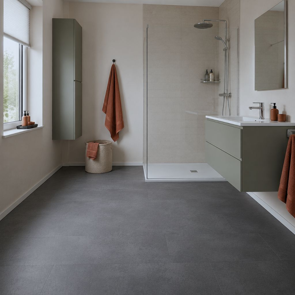 Klick Vinyl Fliesenoptik Wenova grau im modernen Badezimmer mit bodengleicher Dusche und warmen Terrakotta-Akzenten – Floor4all