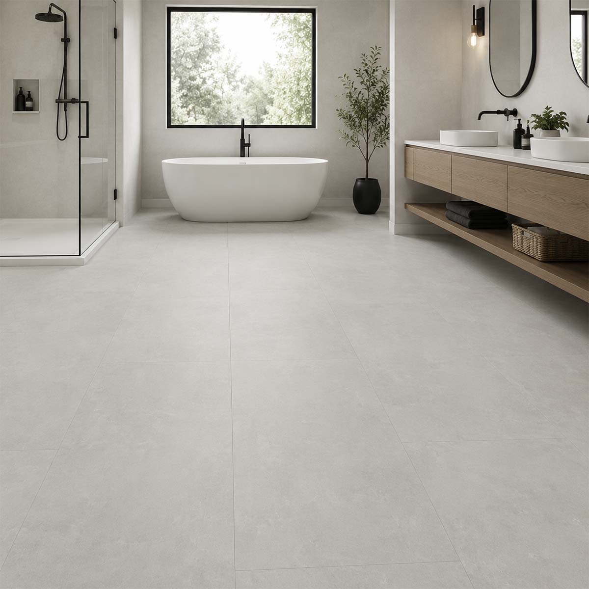 Klick Vinyl Fliesenoptik XL Light Beton im modernen Badezimmer mit heller Betonoptik