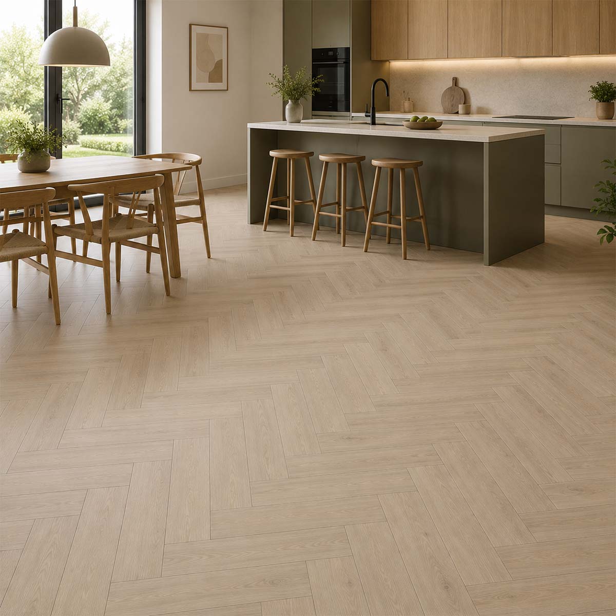 Klick Vinyl Forest Fischgrät mit Kork-Trittschall in einer hellen Küche mit Essbereich
