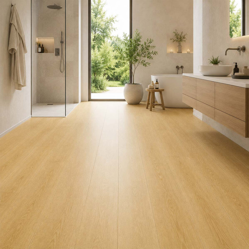 Klick Vinyl GreenLine Basic Eiche Natur im modernen Badezimmer mit heller Eichenoptik