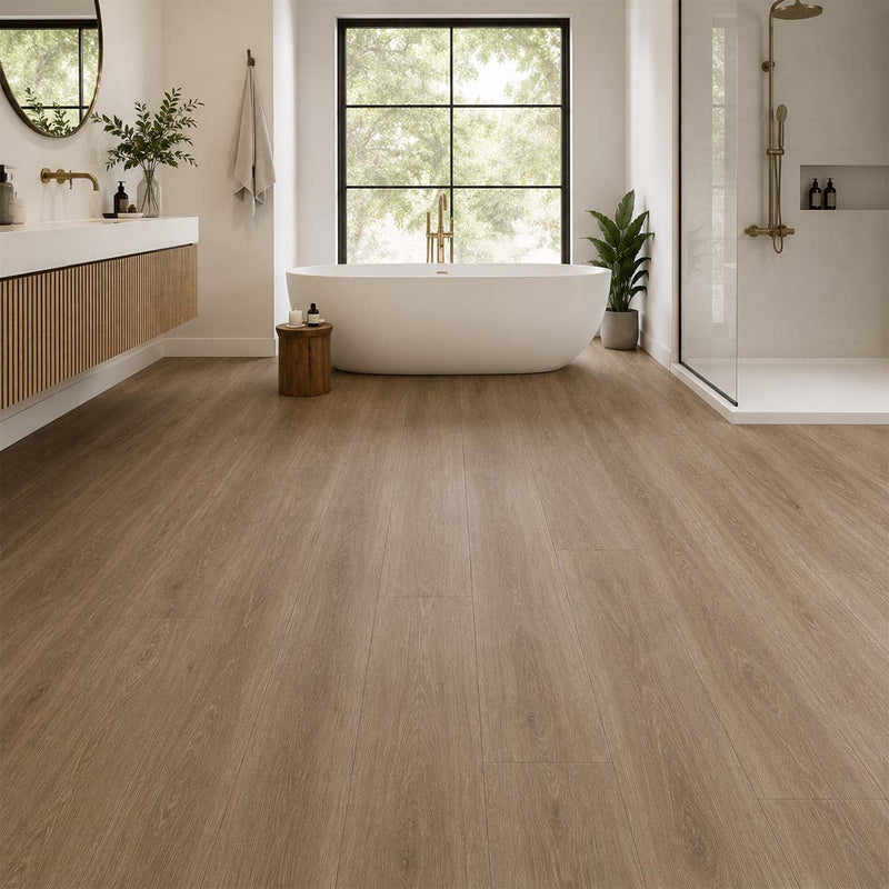 Klick Vinyl Greenline Eiche Malta im modernen Badezimmer mit warmer Holzoptik