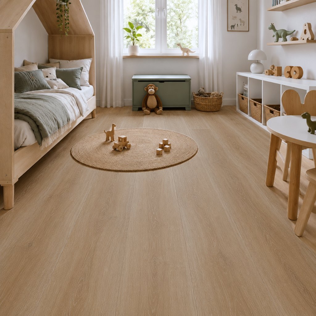 Modernes Kinderzimmer mit GreenLine SPC Silent Eiche Medium Vinylboden - schadstoffsfrei, mit Trittschalldämmung und natürlichem Eichen-Design - Floor4all