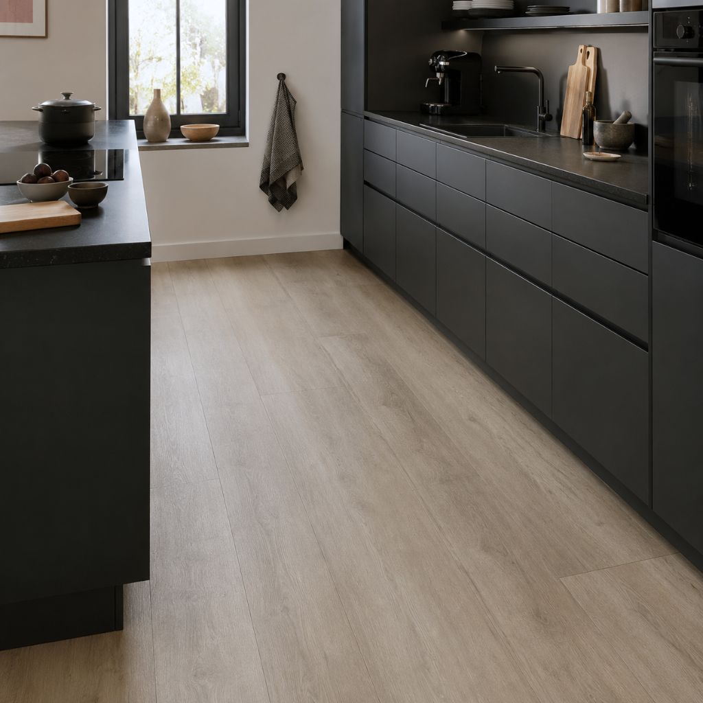 Küche mit GreenLine Silent XL Vinylboden Eiche Sand und dunkler, matter Küchenzeile