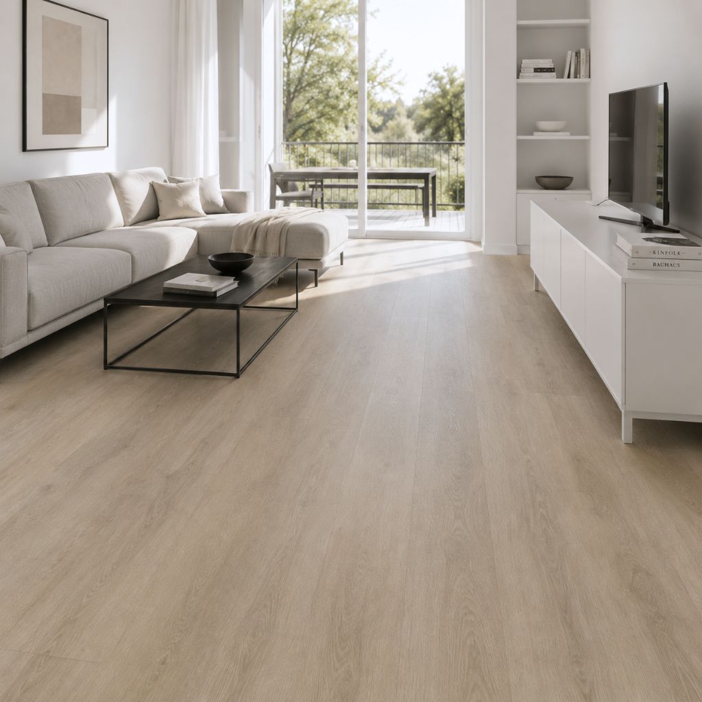 Helles Wohnzimmer mit GreenLine Silent XL Vinylboden Eiche Sand, Sofa und Sideboard