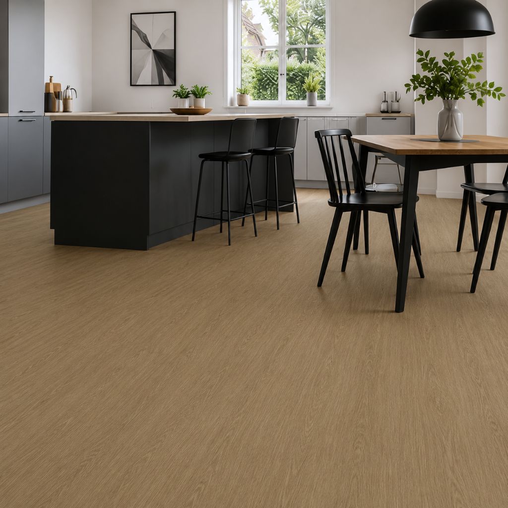 Moderne Küche mit schwarzer Insel und Eiche Nizza Vinyl-Boden, warme Holzoptik – von Floor4all