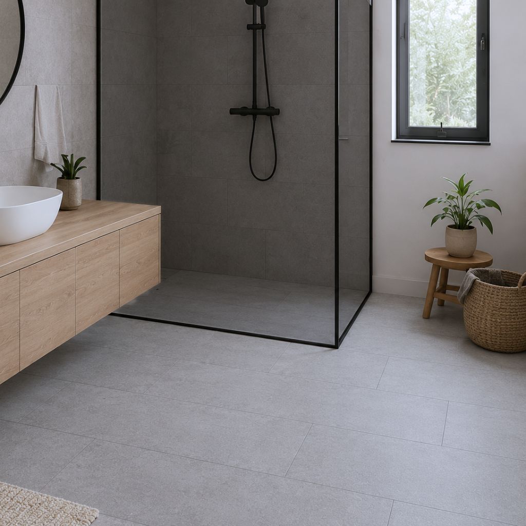 Modernes Badezimmer mit Fliesenoptik-Vinyl in Cement-Grau, Holzwaschtisch und großzügiger Duschfläche – von Floor4all