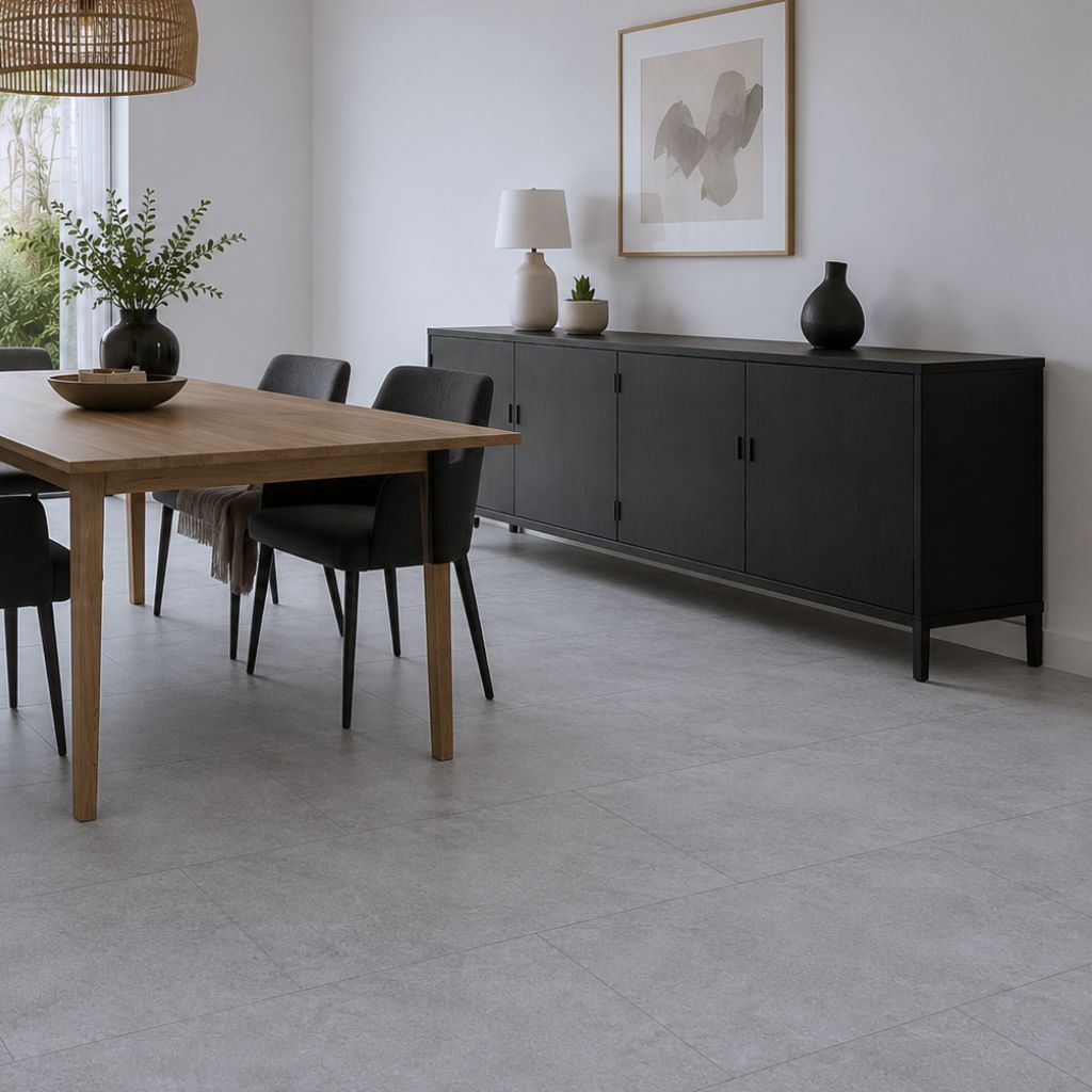 Elegantes Esszimmer mit GreenLine Silent XL Stone Vinyl in Cement-Grau, Holztisch und schwarzen Stühlen – von Floor4all