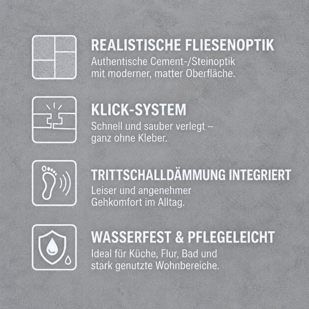Features: Realistische Fliesenoptik, Klick-System, Trittschalldämmung integriert, wasserfest & pflegeleicht – von Floor4all