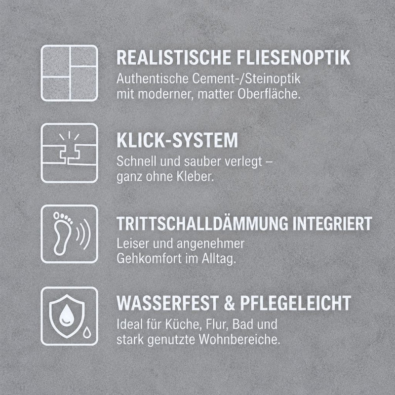 Features: Realistische Fliesenoptik, Klick-System, Trittschalldämmung integriert, wasserfest & pflegeleicht – von Floor4all