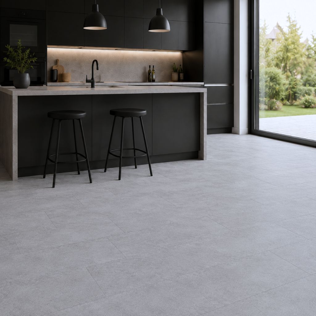 Moderne Küche mit dunkelgrauen Schränken, Fliesenoptik-Vinyl Cement-Grau und dunkler Kücheninsel – von Floor4all