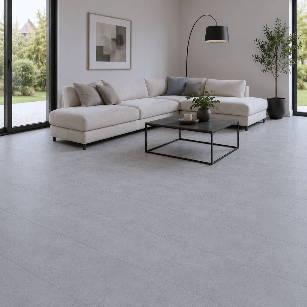 Helles Wohnzimmer mit cremefarbenem Sofa, schwarzem Couchtisch und Cement-Grau Fliesenoptik-Vinyl – von Floor4all