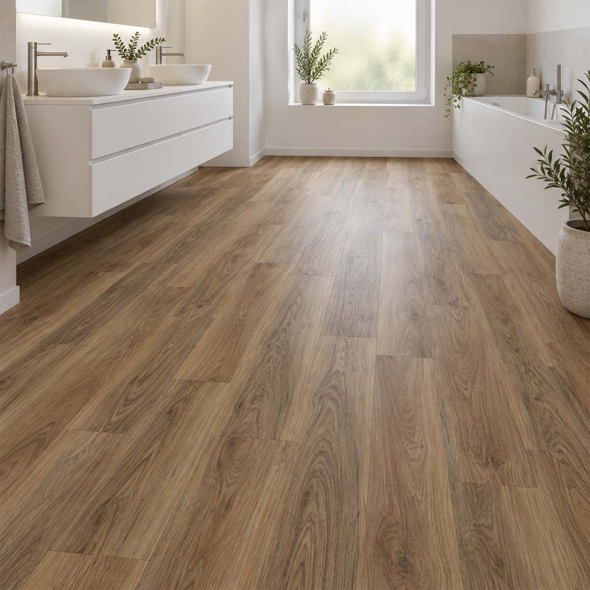 Klick Vinyl GreenLine Silent XL Walnuss Natur mit Trittschalldämmung im Badezimmer mit weißem Waschtisch und Badewanne – Floor4All.