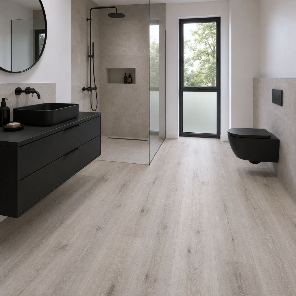 Modernes Bad mit wasserfestem Klick Vinyl GreenLine Spirit Zion XXL und dunkler Waschtisch-Ausstattung