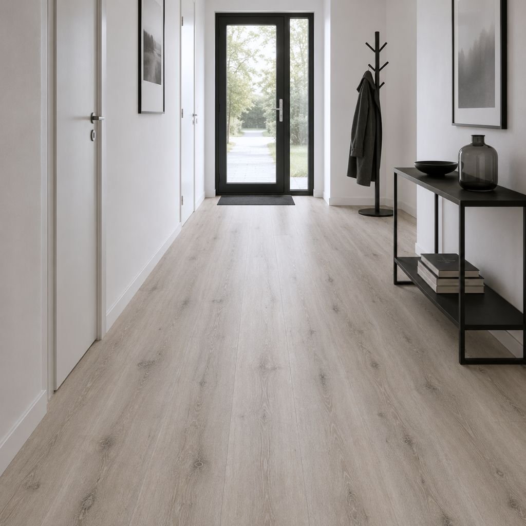 Heller Flur mit Klick Vinyl Zion XXL in rustikaler Eiche-Optik, dunklem Sideboard und Garderobe