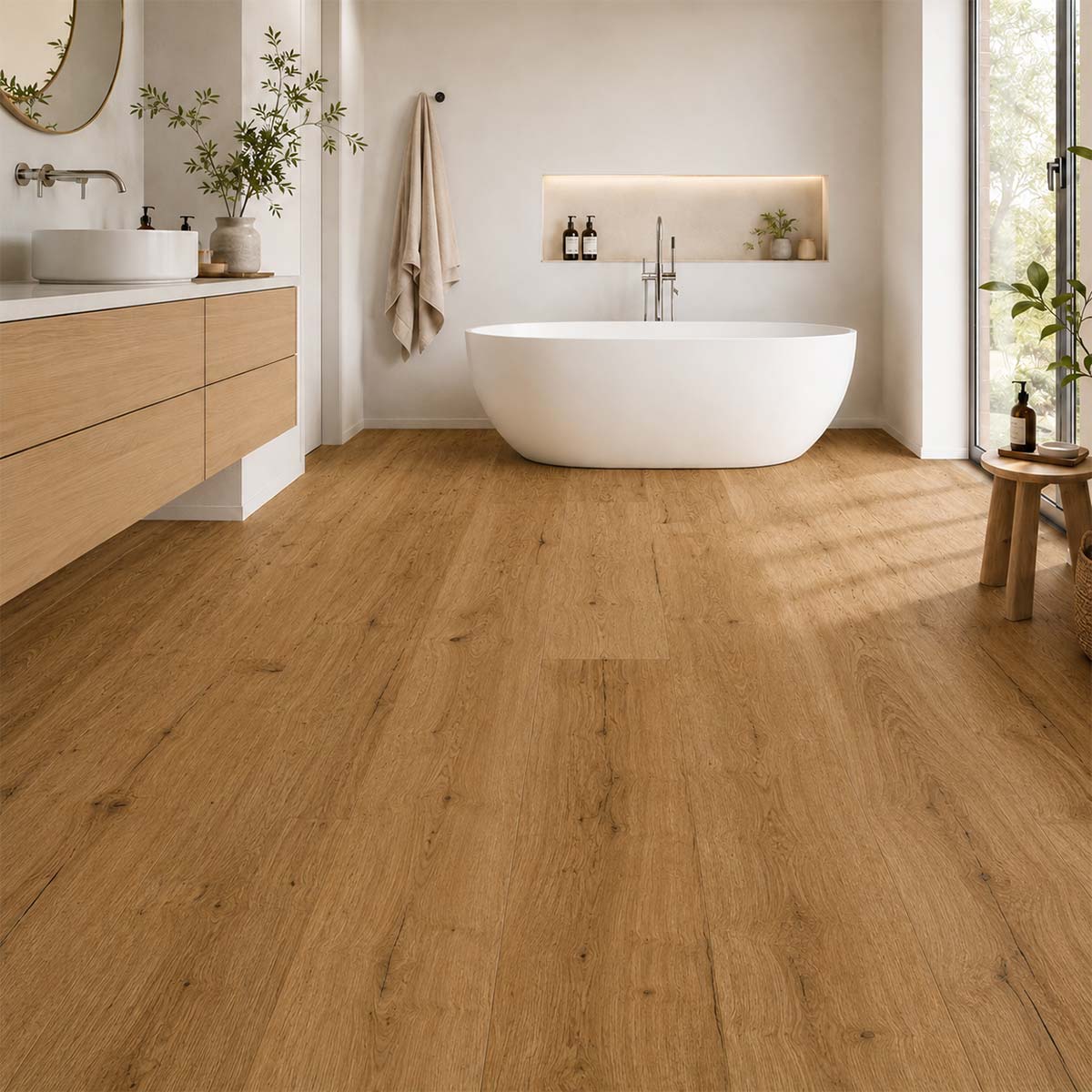 Klick Vinyl Herbst Eiche im modernen Badezimmer mit warmer Landhausdielenoptik