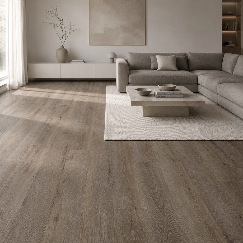 Klick Vinyl XL Hudson River Eiche im Wohnzimmer, wasserfester Vinylboden in Graubeige von Floor4all