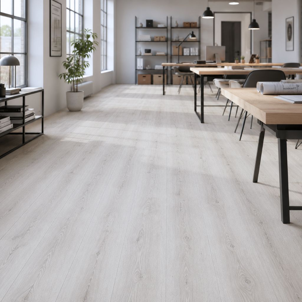 Heller Vinylboden mit V-Fuge in modernem Büroraum, robust für hohe Beanspruchung von Floor4all