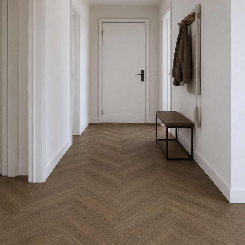 Moderner Flur mit Fischgrät Lilli – versetzte Herringbone-Reihen, elegante Tiefenwirkung, klare Struktur