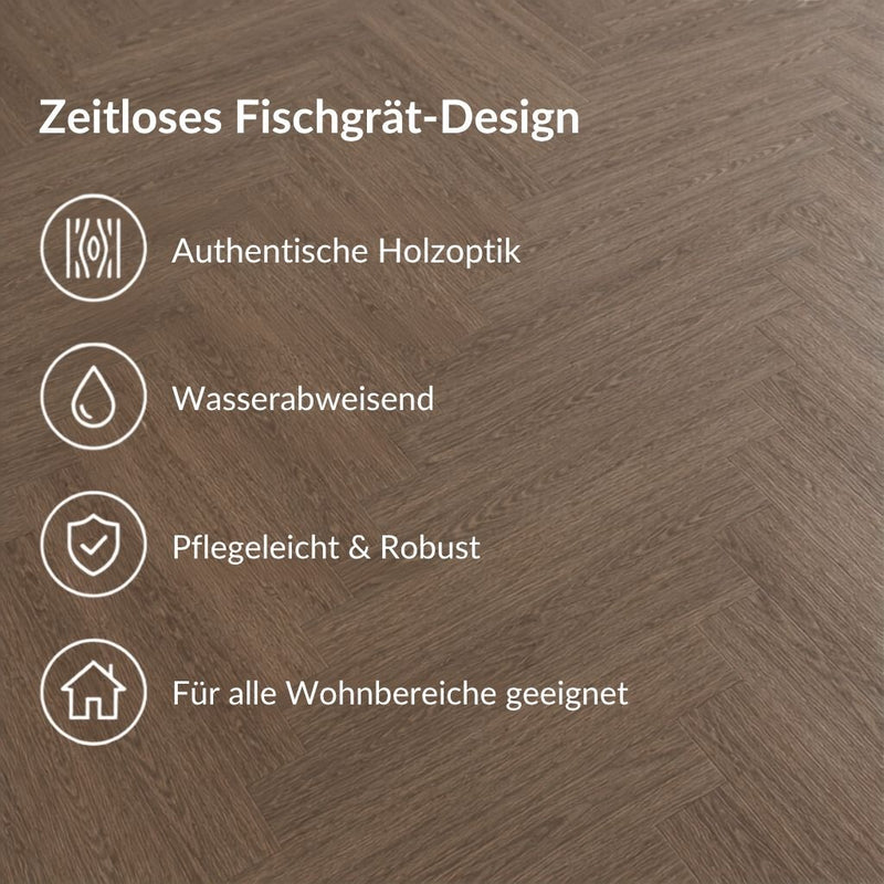 Fischgrät Lilli USPs – authentische Holzoptik, 100% wasserfest, pflegeleicht & robust, für alle Räume