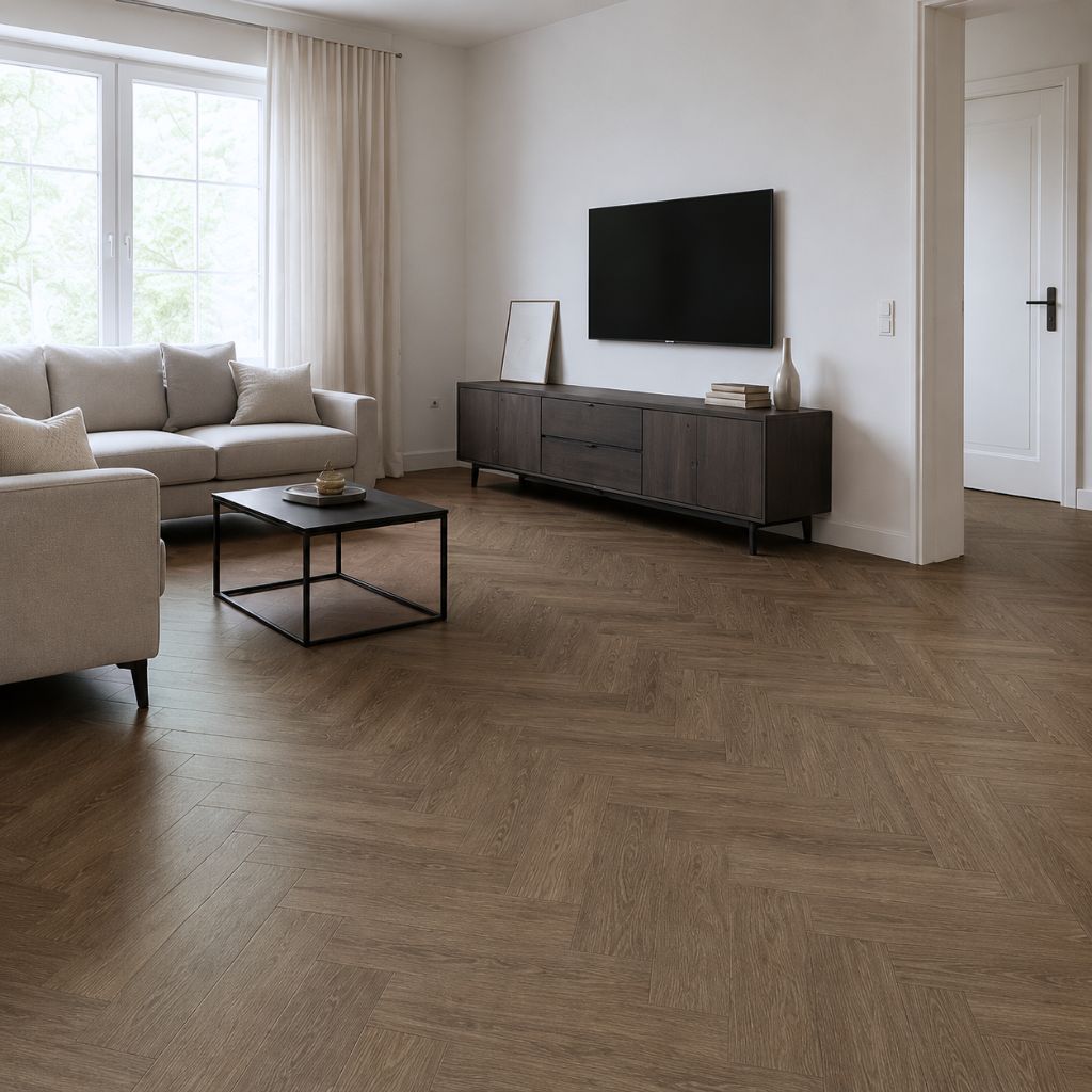 Wohnzimmer mit Fischgrät Lilli – dunkler Boden, elegante Herringbone, Tiefenwirkung, modernes Design