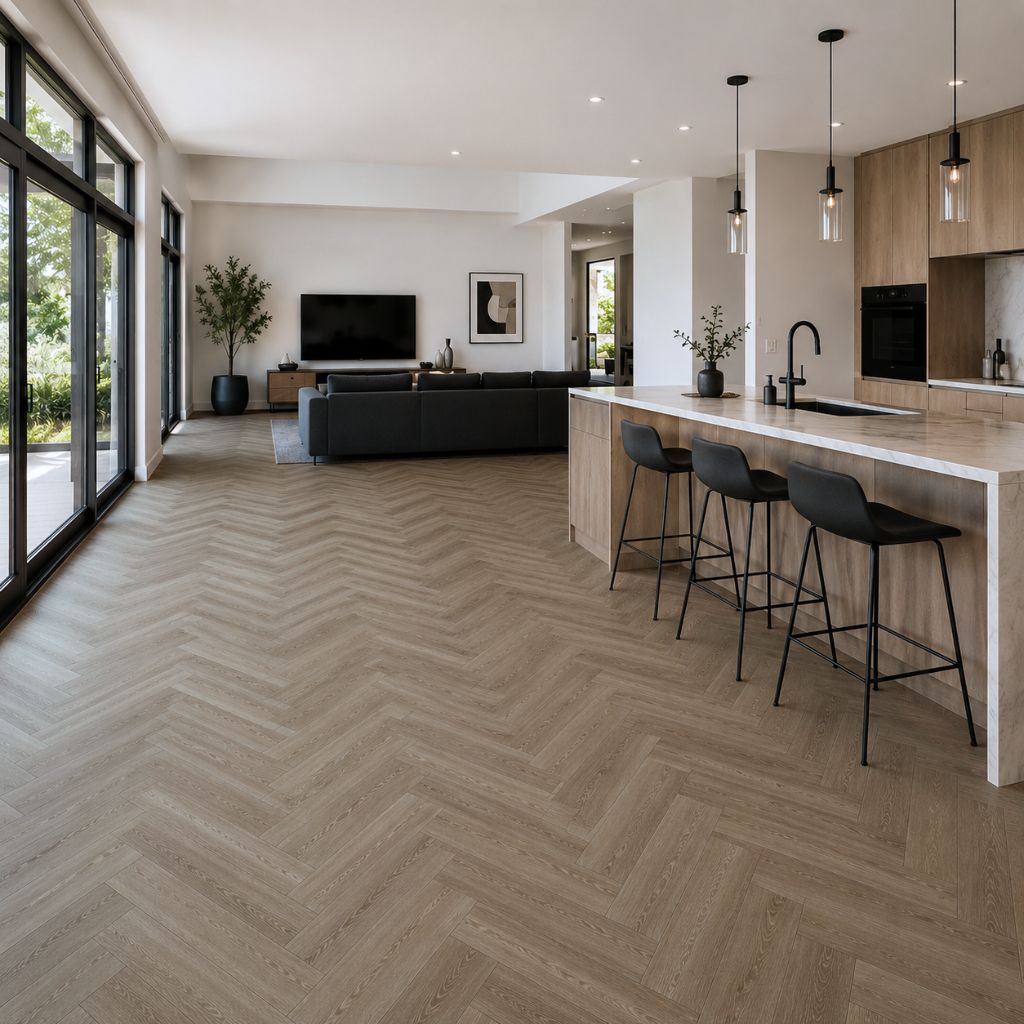Moderne offene Küche mit durchgehendem Fischgrät Meadow – Tiefenwirkung, Eleganz, wasserfest & pflegeleicht