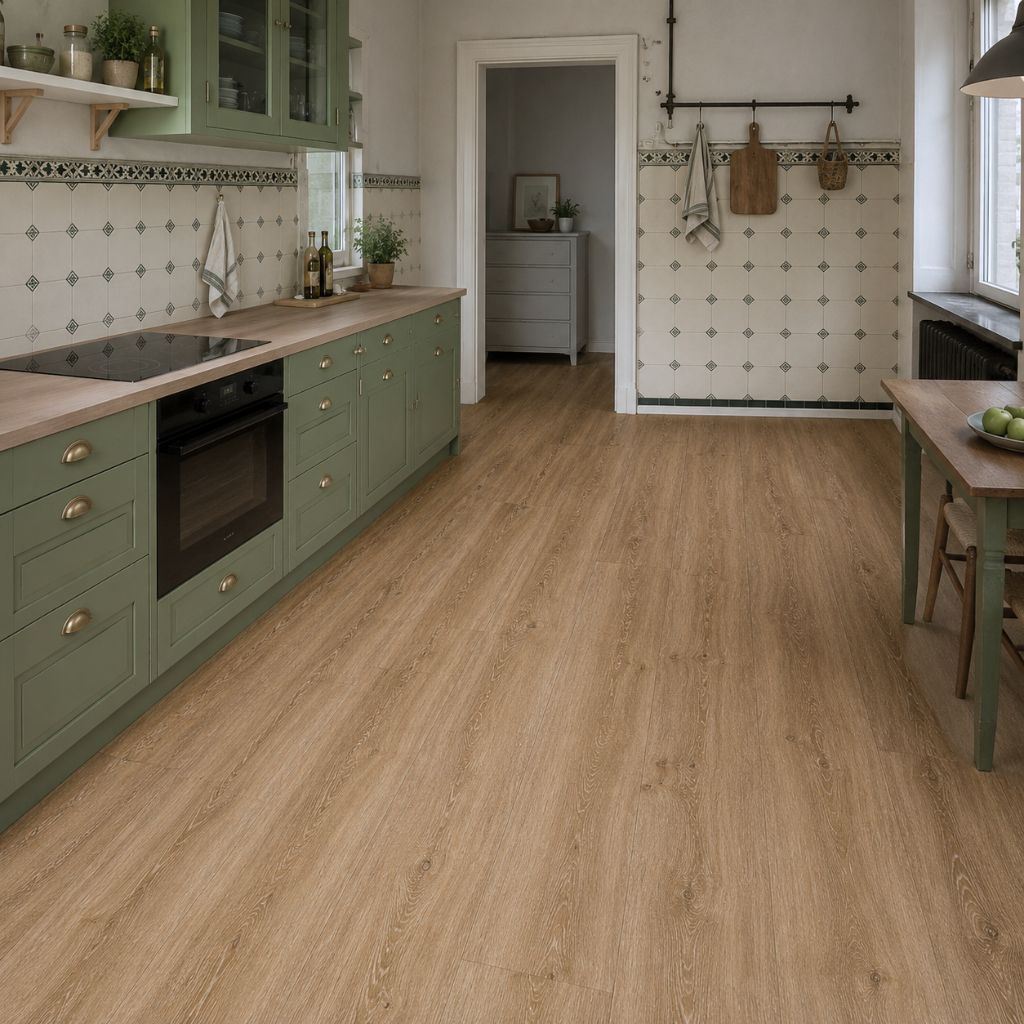Rustikaler Eiche-Vinylboden in Landhausküche mit grünen Fronten und gefliester Wand von Floor4all