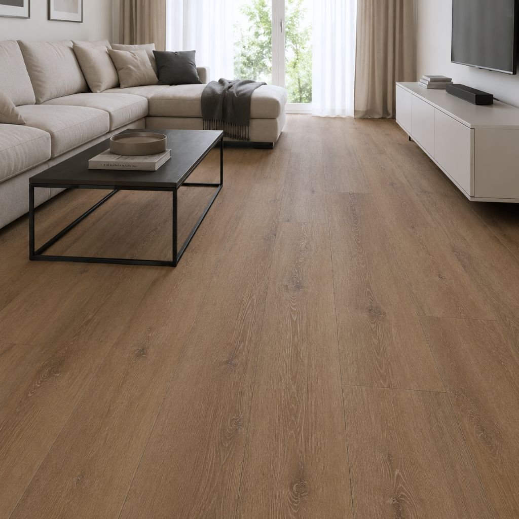 Helles Wohnzimmer mit stilvollem Vinylboden in natürlicher Eichenoptik und XXL-Dielenformat von Floor4all