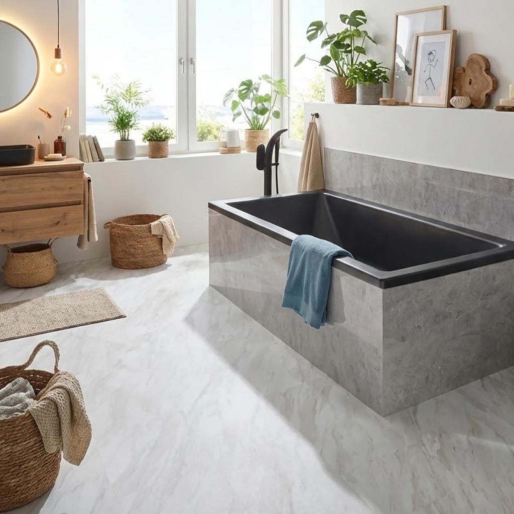 GreenLine Stone Fliesenoptik Carrara Marmor weiß Vinylboden im Badezimmer - wasserdicht von Floor4all