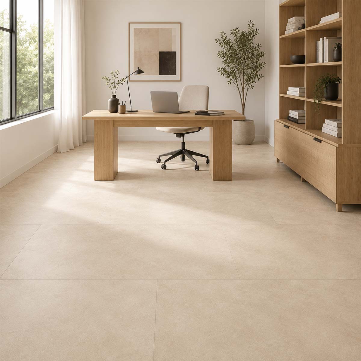 Klick Vinyl XL Beige Beton mit Trittschalldämmung im hellen Arbeitszimmer mit dezenter Betonoptik