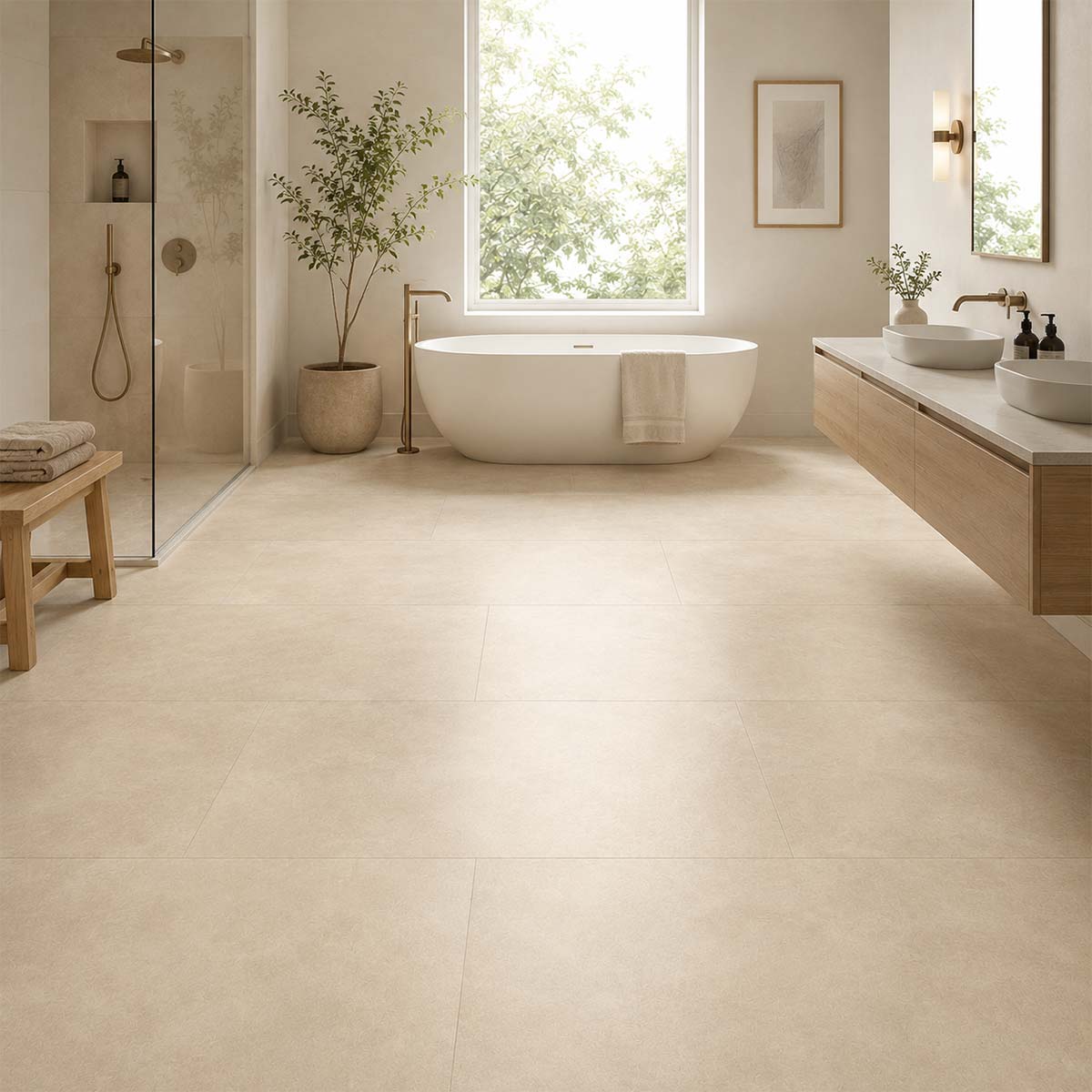 Klick Vinyl XL Beige Beton mit Trittschalldämmung im modernen Badezimmer mit beiger Betonoptik