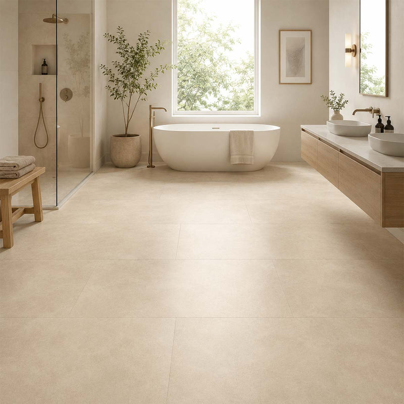 Klick Vinyl XL Beige Beton mit Trittschalldämmung im modernen Badezimmer mit beiger Betonoptik