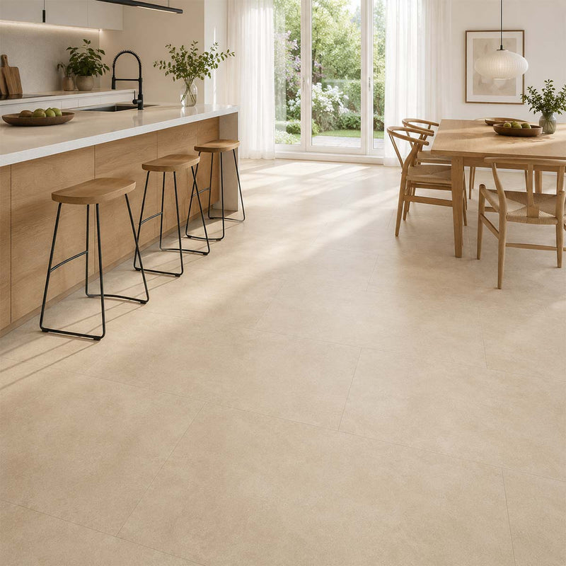 Klick Vinyl XL Beige Beton mit Trittschalldämmung in heller Küche mit Essbereich und XL-Fliesenoptik
