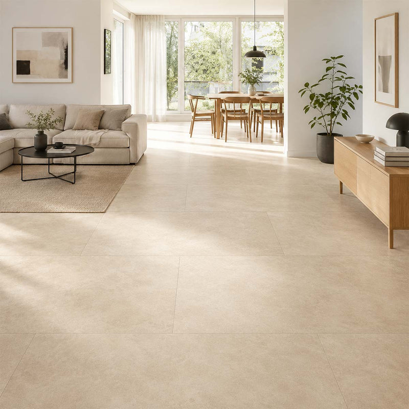 Klick Vinyl XL Beige Beton mit Trittschalldämmung im hellen Wohnzimmer mit warmer Betonoptik