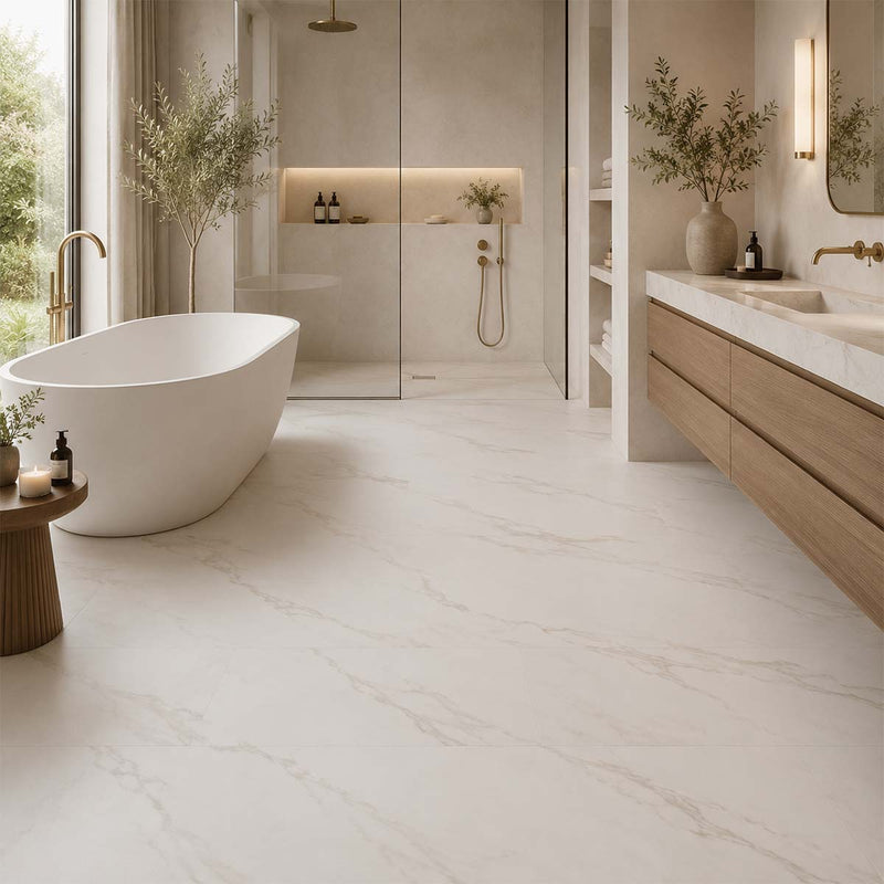 Klick Vinyl XL Carrara Marmor Hochglanz mit Trittschall in einem eleganten hellen Flur