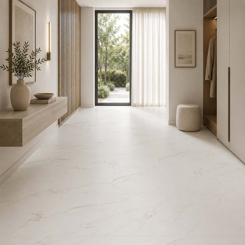 Klick Vinyl XL Carrara Marmor Hochglanz mit Trittschall in einem eleganten hellen Flur