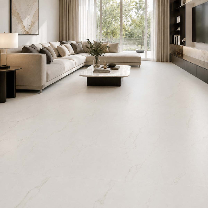 Klick Vinyl XL Carrara Marmor Hochglanz mit Trittschall in einem eleganten modernen Wohnzimmer