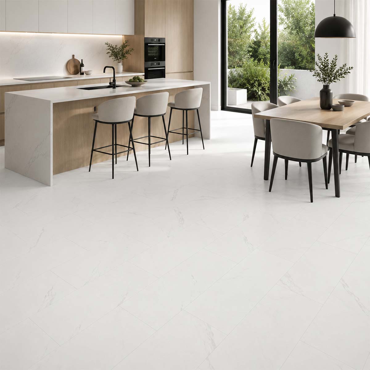 Klick Vinyl XL Marple White in moderner Küche mit Essbereich und heller Fliesenoptik