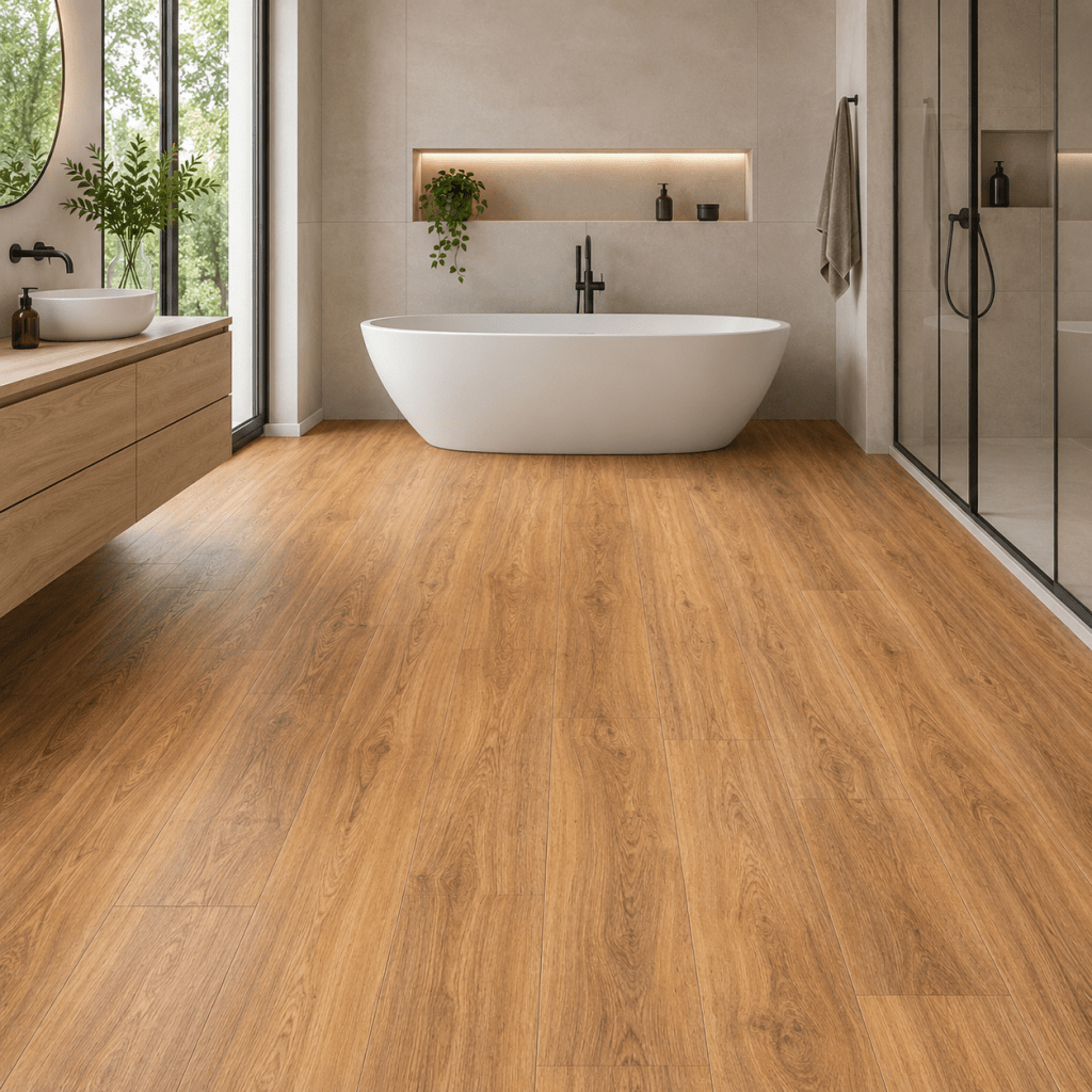 Klick Vinyl XL Walnuss Natur in einem modernem Badezimmer mit leichten Lichteinfall