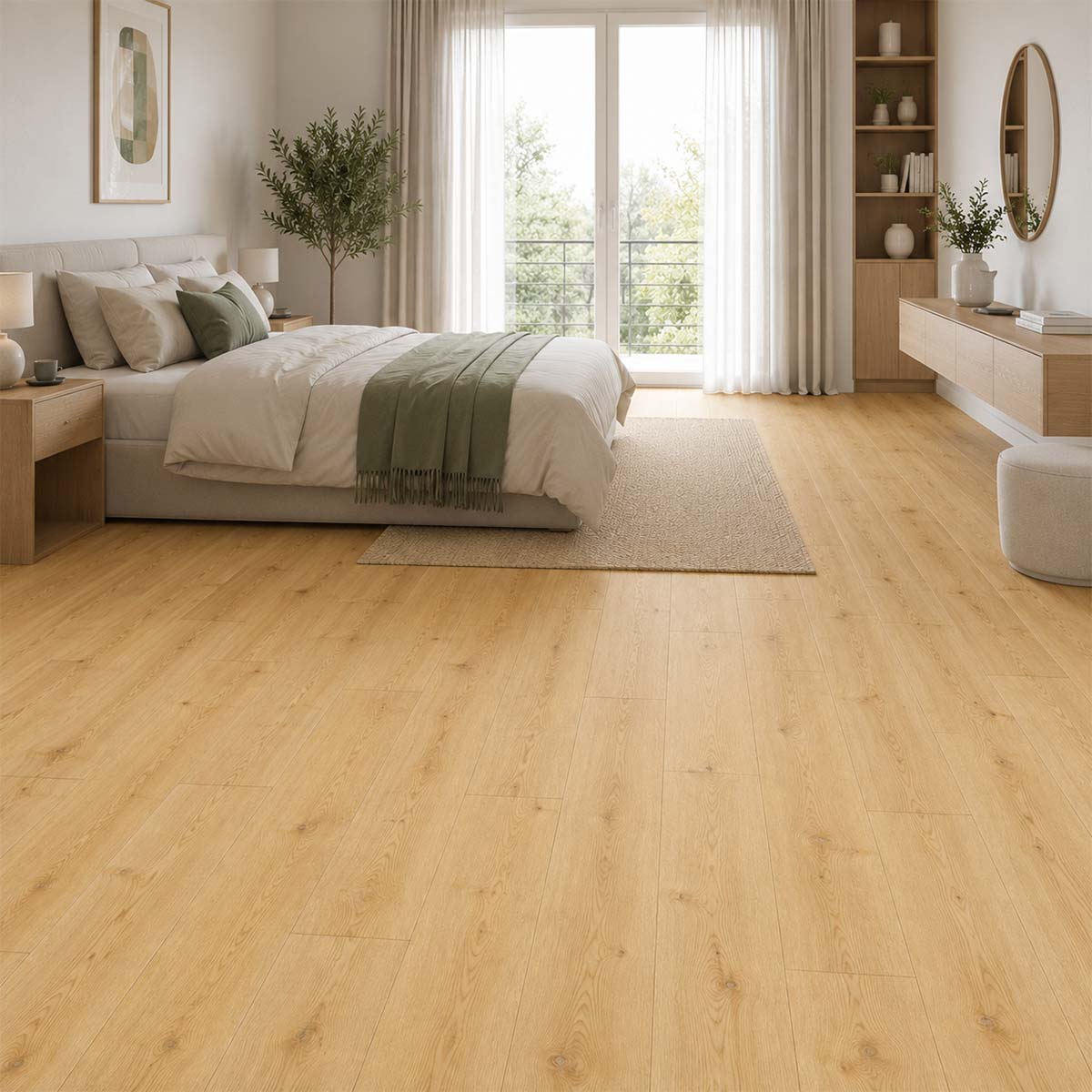 Ruhiges Schlafzimmer mit Klick Vinylboden Dennett Pro Nature Classen in heller Eichenoptik.