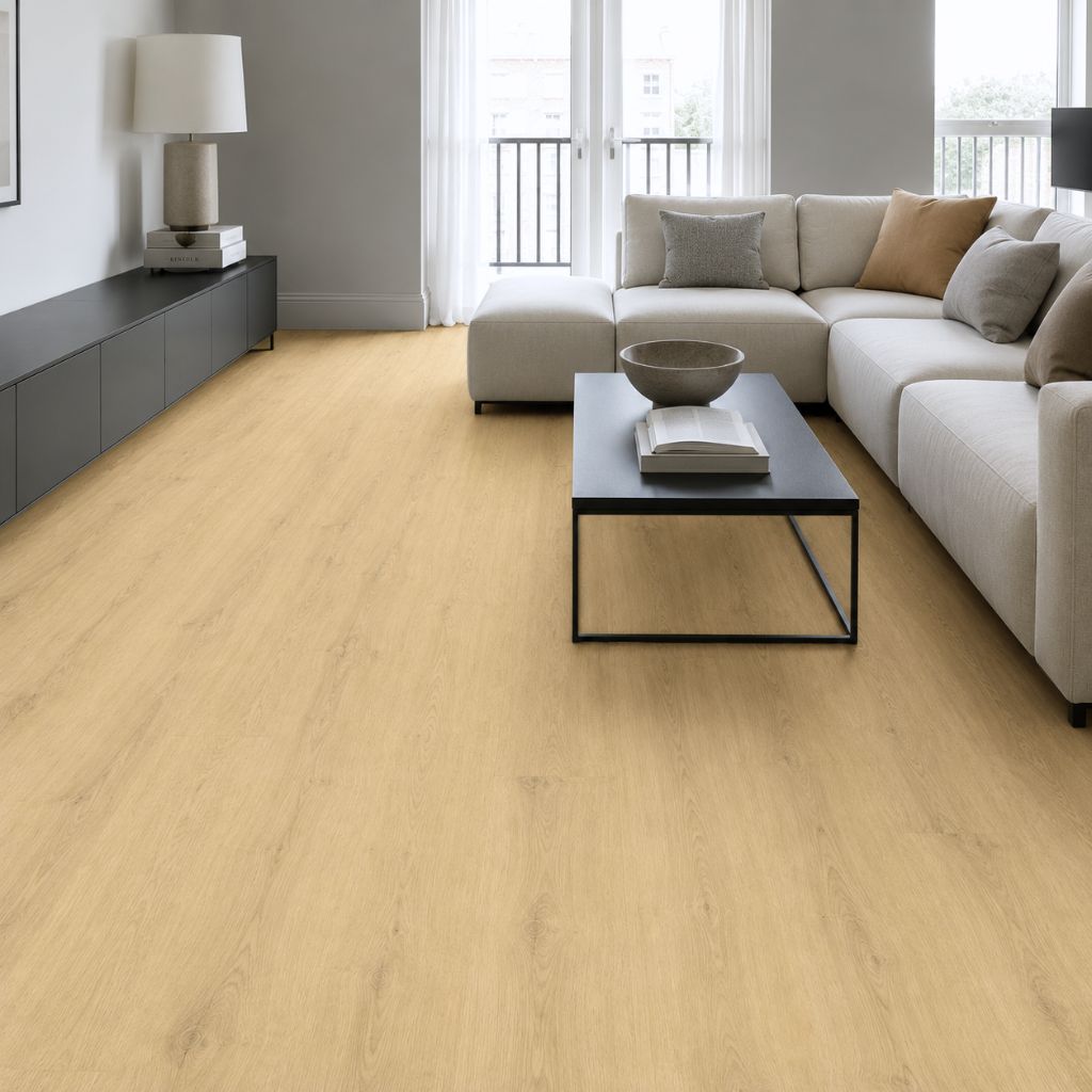 Heller Eichenboden im Wohnzimmer mit gemütlicher Sofalandschaft und warmer Lichtstimmung von Floor4all