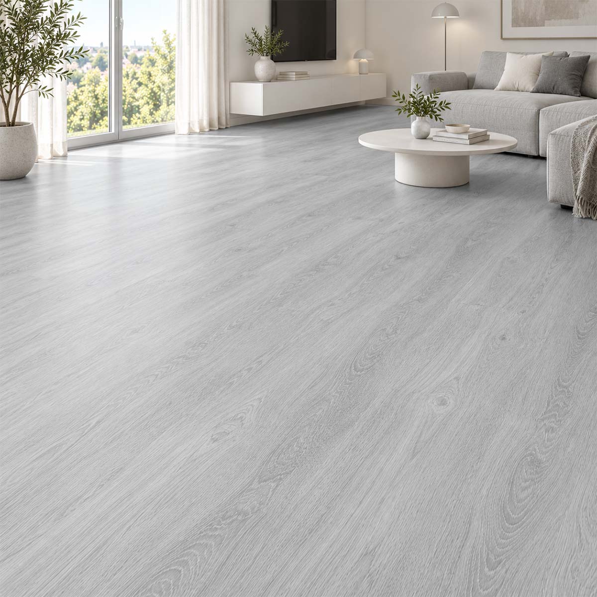 Klick Vinylboden Eiche Oslo Landhausdiele in hellem Grau im modernen Wohnzimmer – Restposten bei Floor4All.